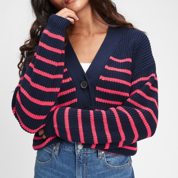 GAP Sweaters - Gap Striped Cropped Cardigan Small Navy Pink